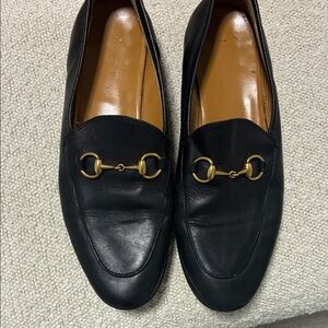 Gucci Jordaan Horsebit Black Loafers with Gold Accent